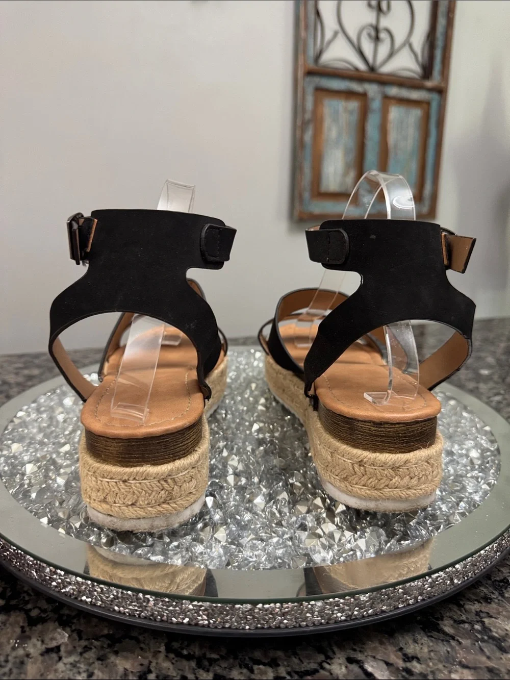 Black Platform Espadrille Sandals with Ankle Strap EUC 8.5